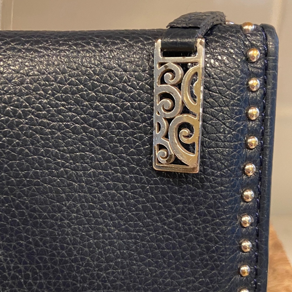 Brighton Navy Studded Leather Organizer Wallet Silver Scroll Zip - Picture 2 of 10
